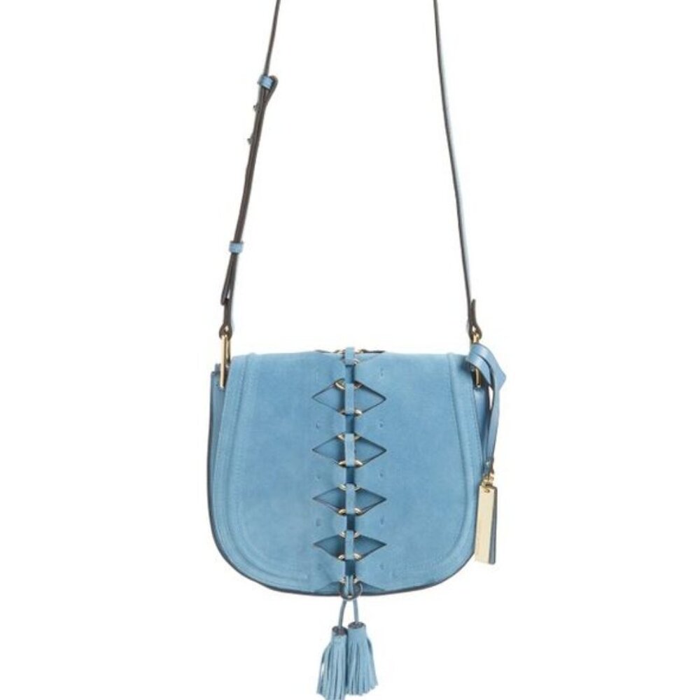 Vince Camuto “Ancel Suede Crossbody Bag” Icy Blue Boho Saddle Bag - Picture 10 of 14